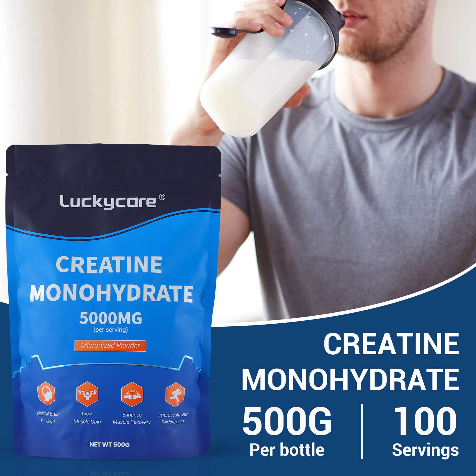 LuckyCare Pure Creatine Monohydrate 500 Gram Powder Micronized – 5g Per Serving