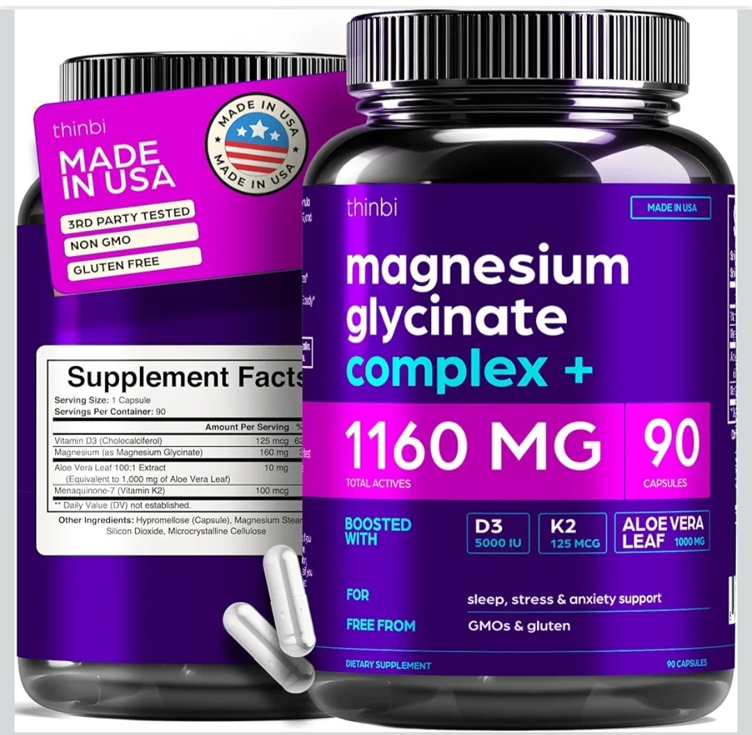 Magnesium Glycinate 1160mg + Aloe Vera, D3 and K2 Complex 90 Capsules