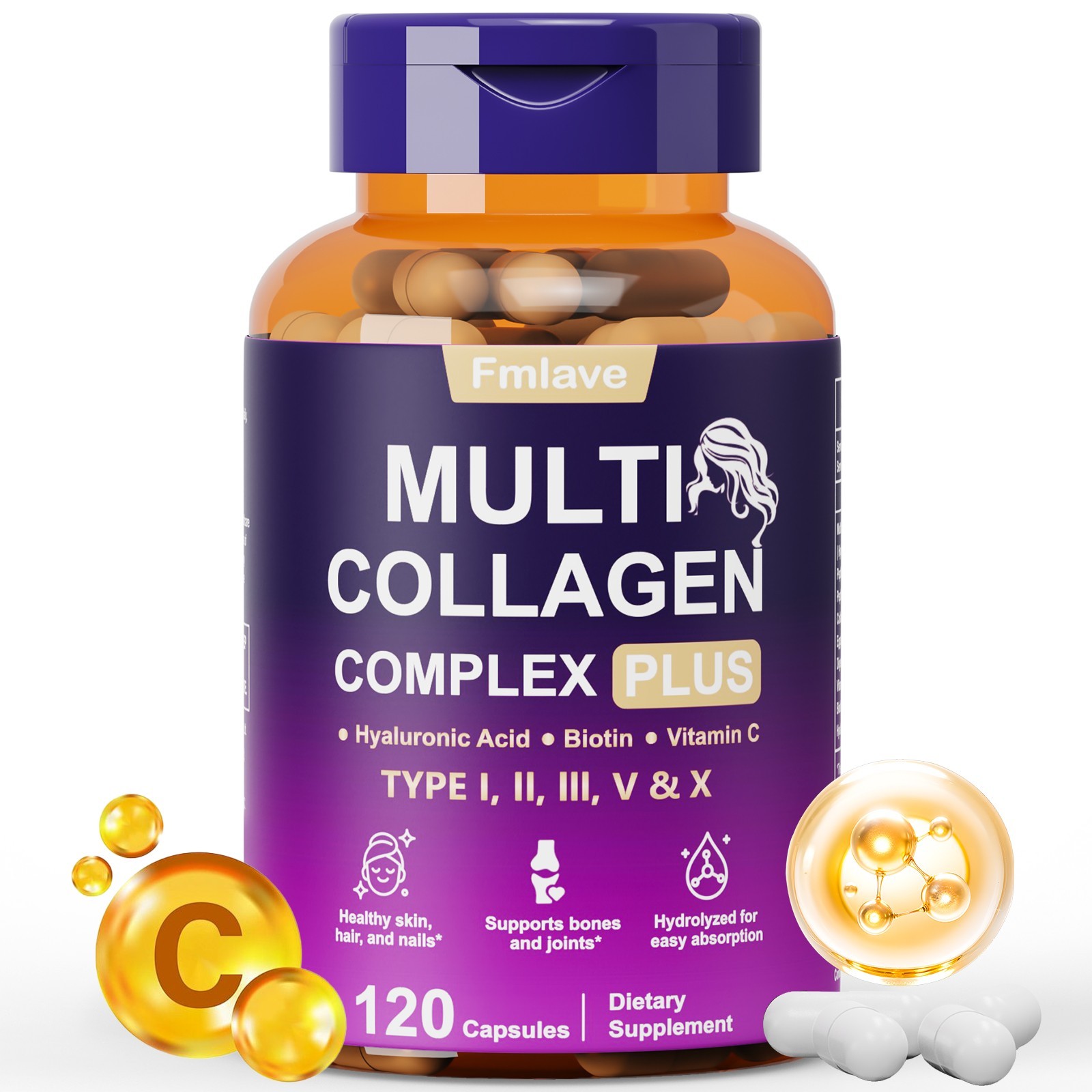 Premium Collagen Peptides Biotin Hydrolyzed Anti-Aging Types I,II,III,V,X 120pcs