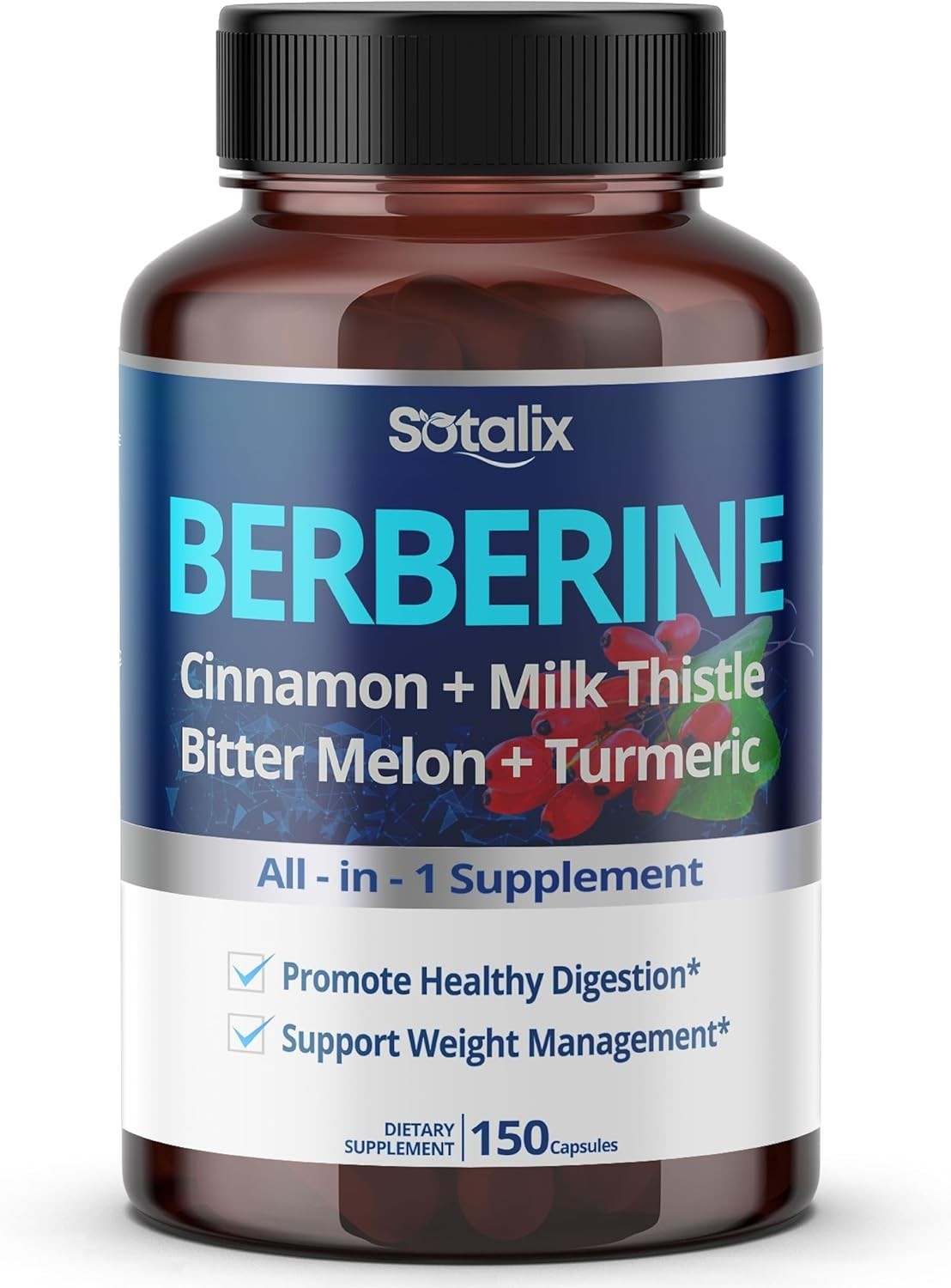 Premium Berberine Supplement with Ceylon Cinnamon, Bitter Melon, Milk Thistle –