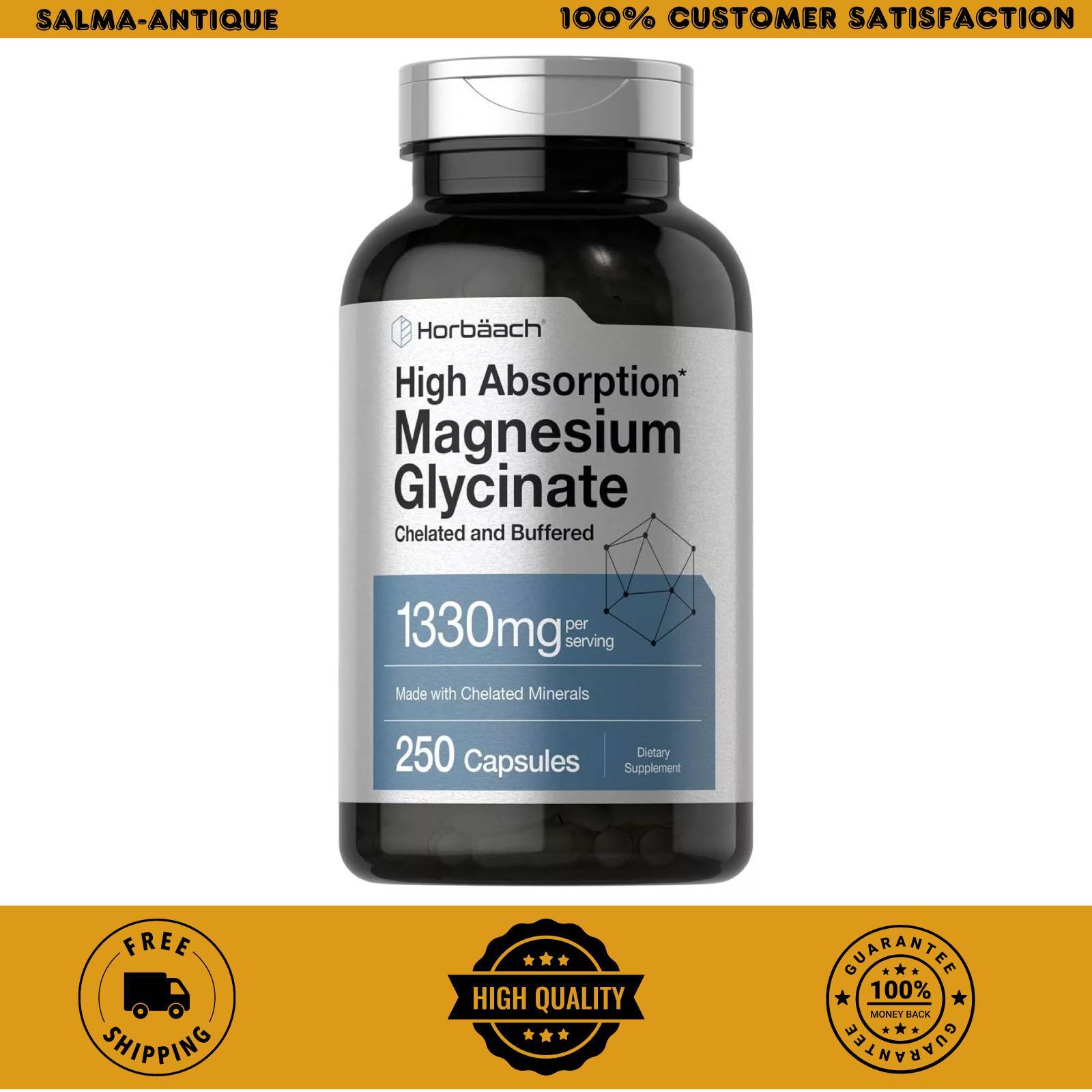 Horbäach Buffered Magnesium Glycinate | 1330mg | 250 Capsules | with Chelated |