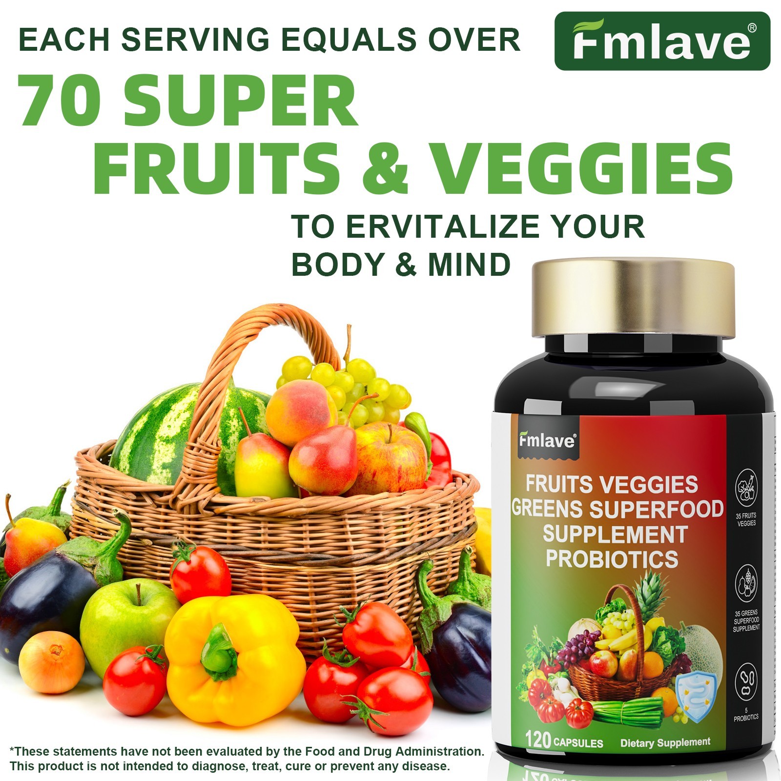 70 Fruits and Veggies Supplement | 120 Vcaps | with 1 Billion CFU Probiotics US
