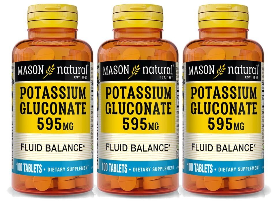 Mason Natural Potassium Gluconate 595 mg , Pack 3 X 100 = 300 Tablets
