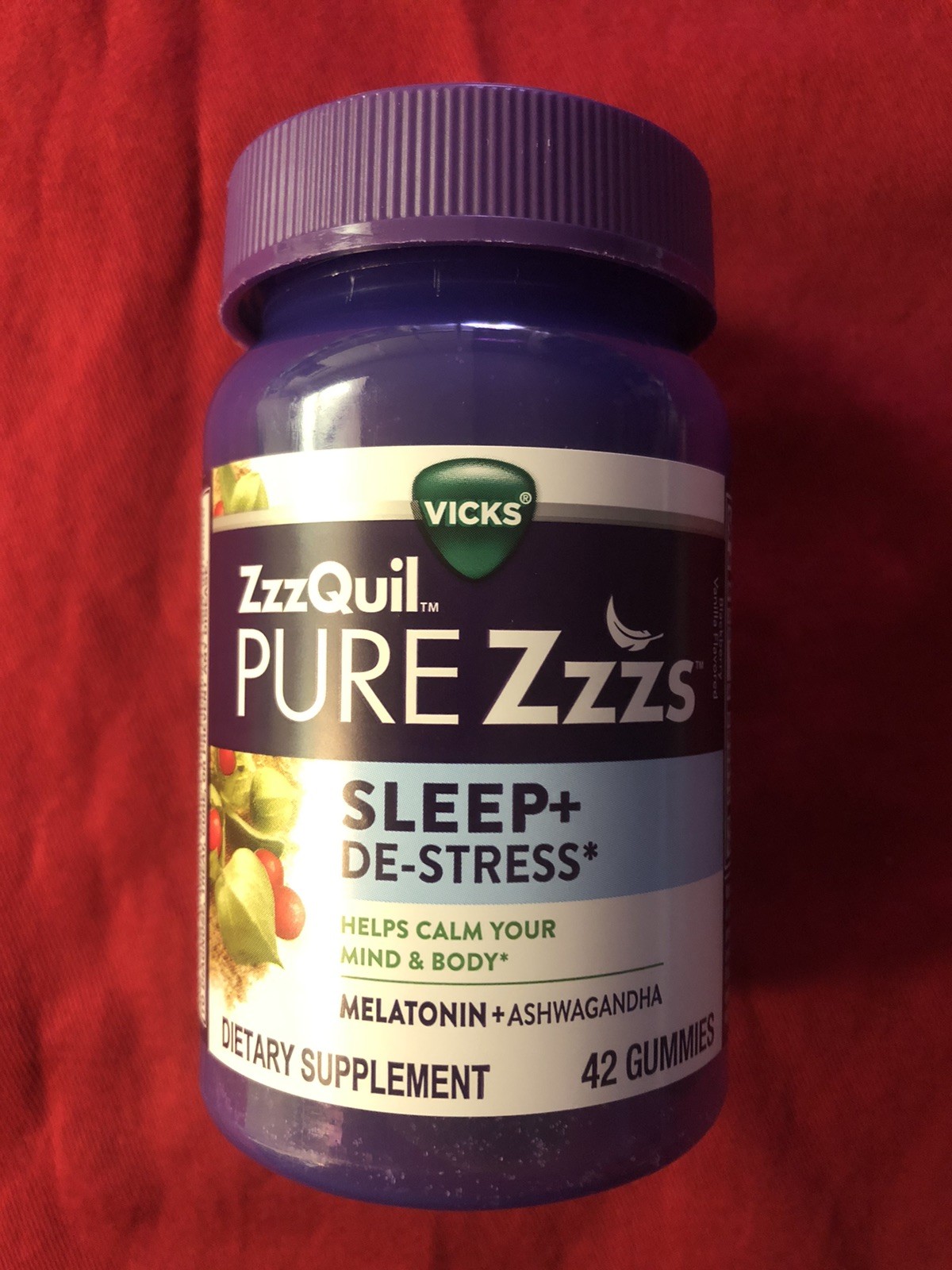 Vicks ZzzQuil Pure Zzzs De Stress Melatonin + Ashwagandha Gummies 42Ct Exp 09/26