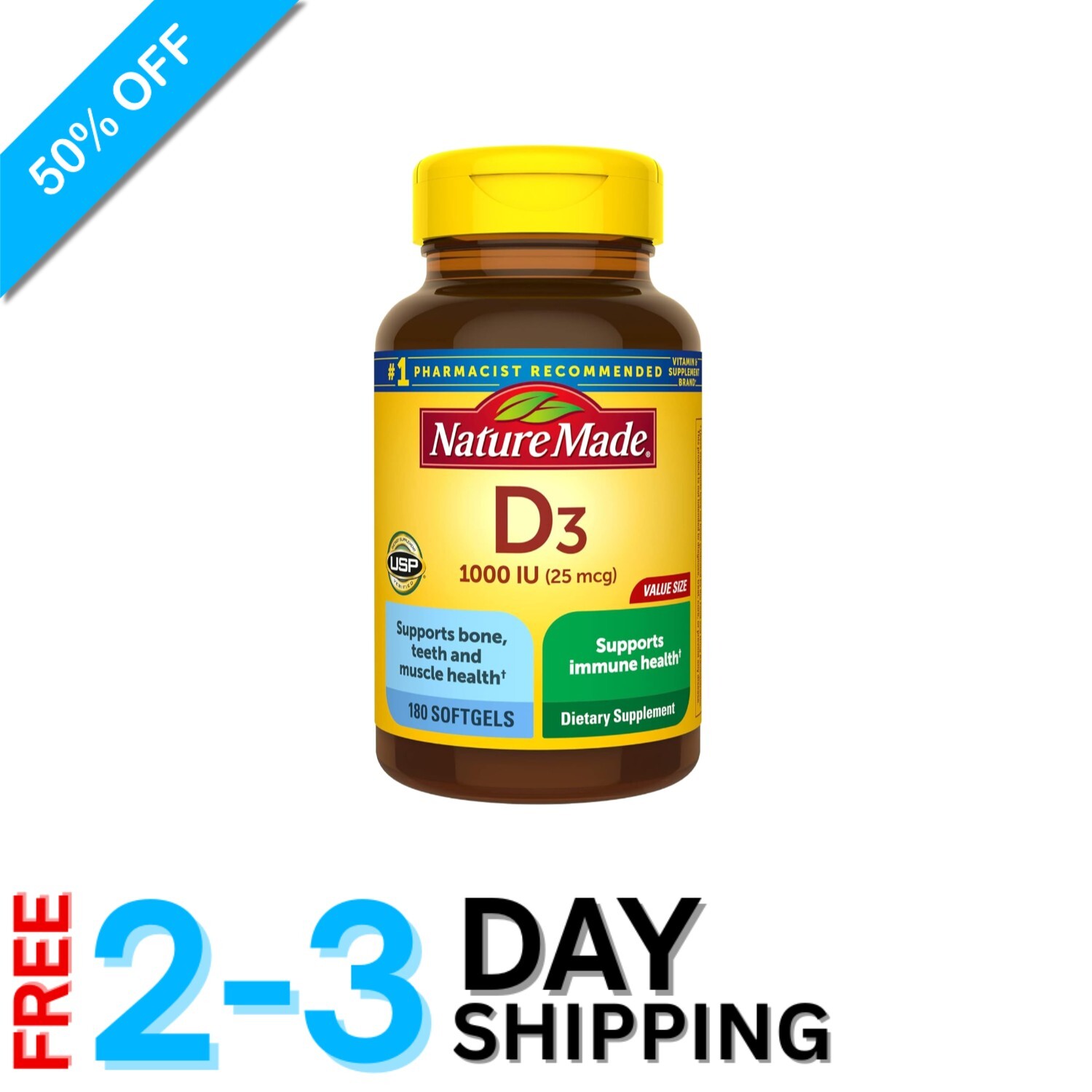 Vitamin D3 1000 IU, 180 Softgels – Gluten-Free Muscle & Immune Health Supplement