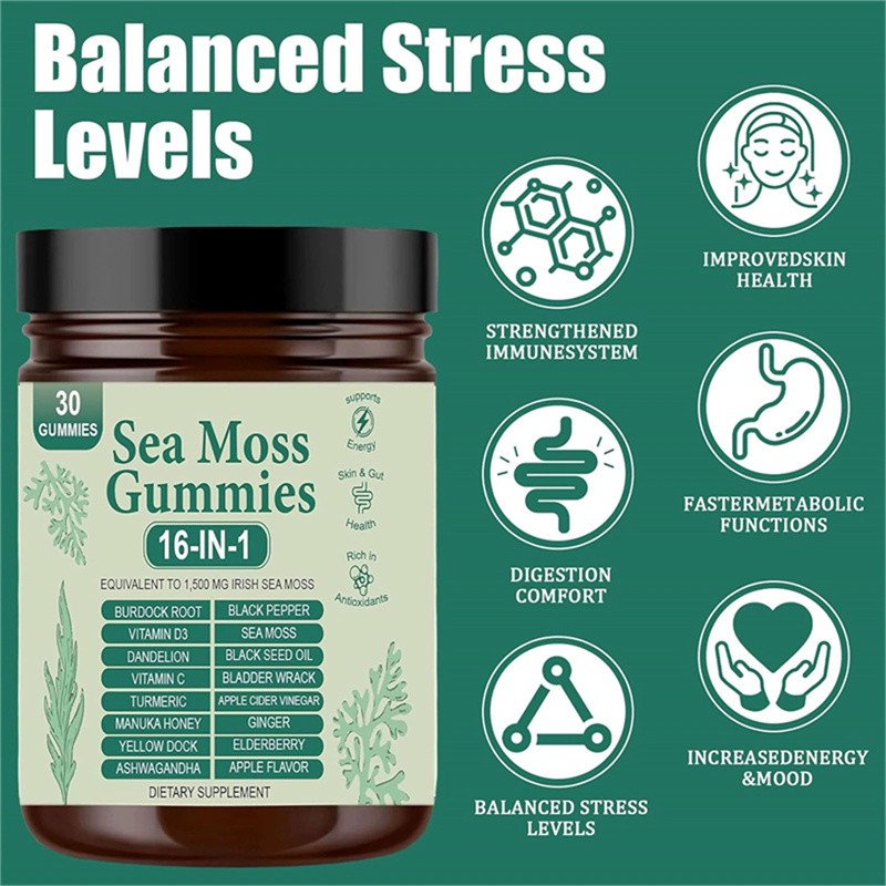 16 in 1 Organic Sea Moss Gummy | Irishmoss Extract 6000Mg | Green Apple Flavor