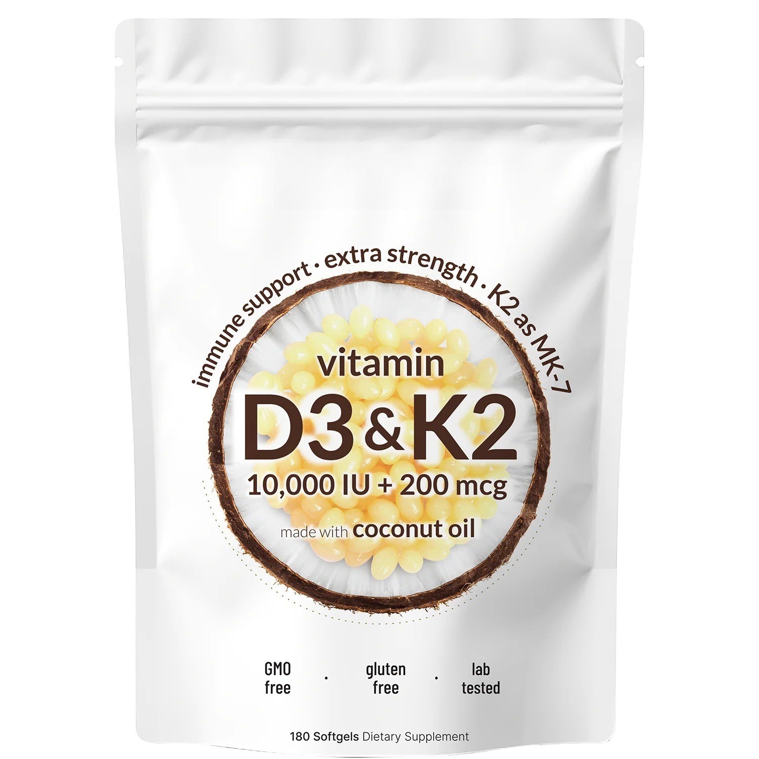 Vitamin D3 10000 iu Plus K2 (MK-7) 200 mcg, 300 Virgin Coconut Oil Softgels