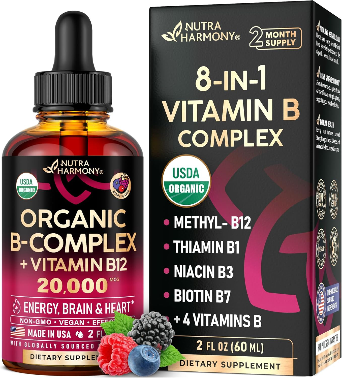 USDA Organic Vitamin B-Complex B5 Pantothenic Acid | B12 Methylcobalamin | B1 Th