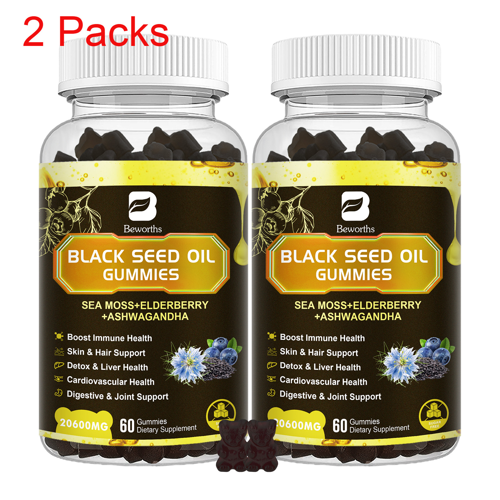 2x Organic Black Seed Oil & Sea Moss Gummies with Elderberry Ashwagandha