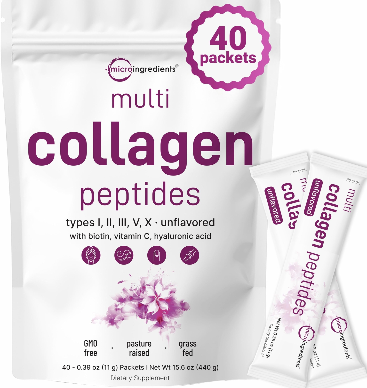 Multi Collagen Peptides 40 Packets Type I-II-III-V-X w Hyaluronic Acid Biotin C
