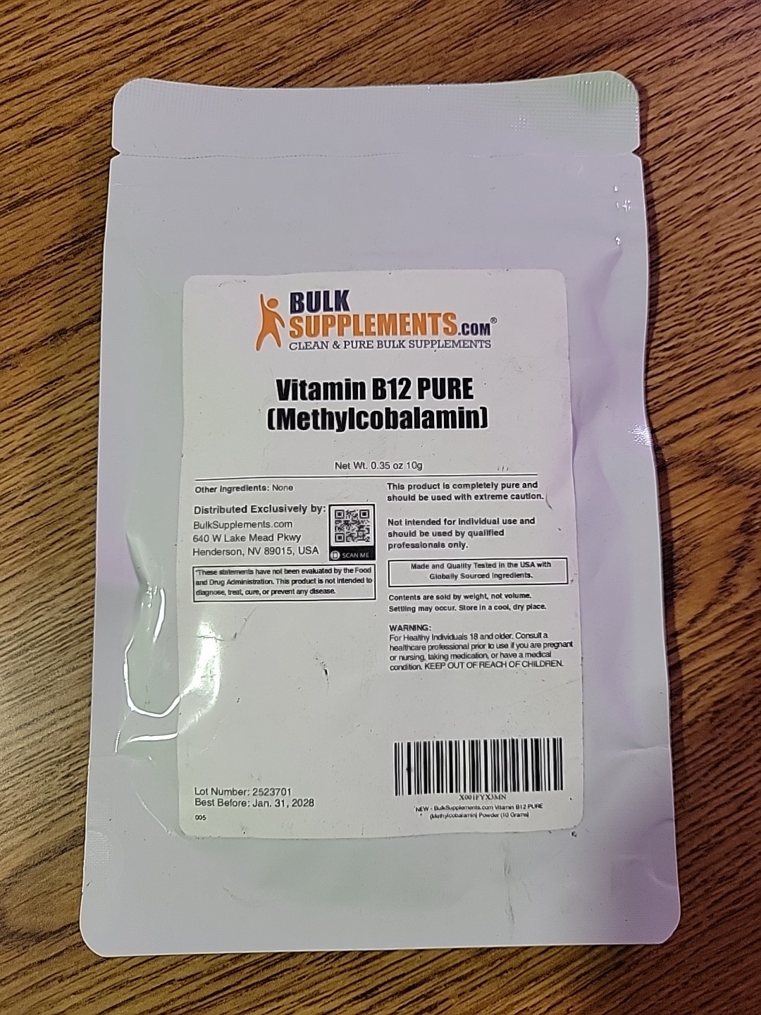 BulkSupplements Vitamin B12 (Pure Methylcobalamin) Powder 10g