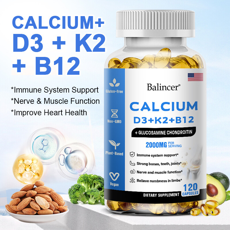 Vegan Calcium Capsules with Vitamin D3 +Premium K2+B12 Vitamins for Bone Support