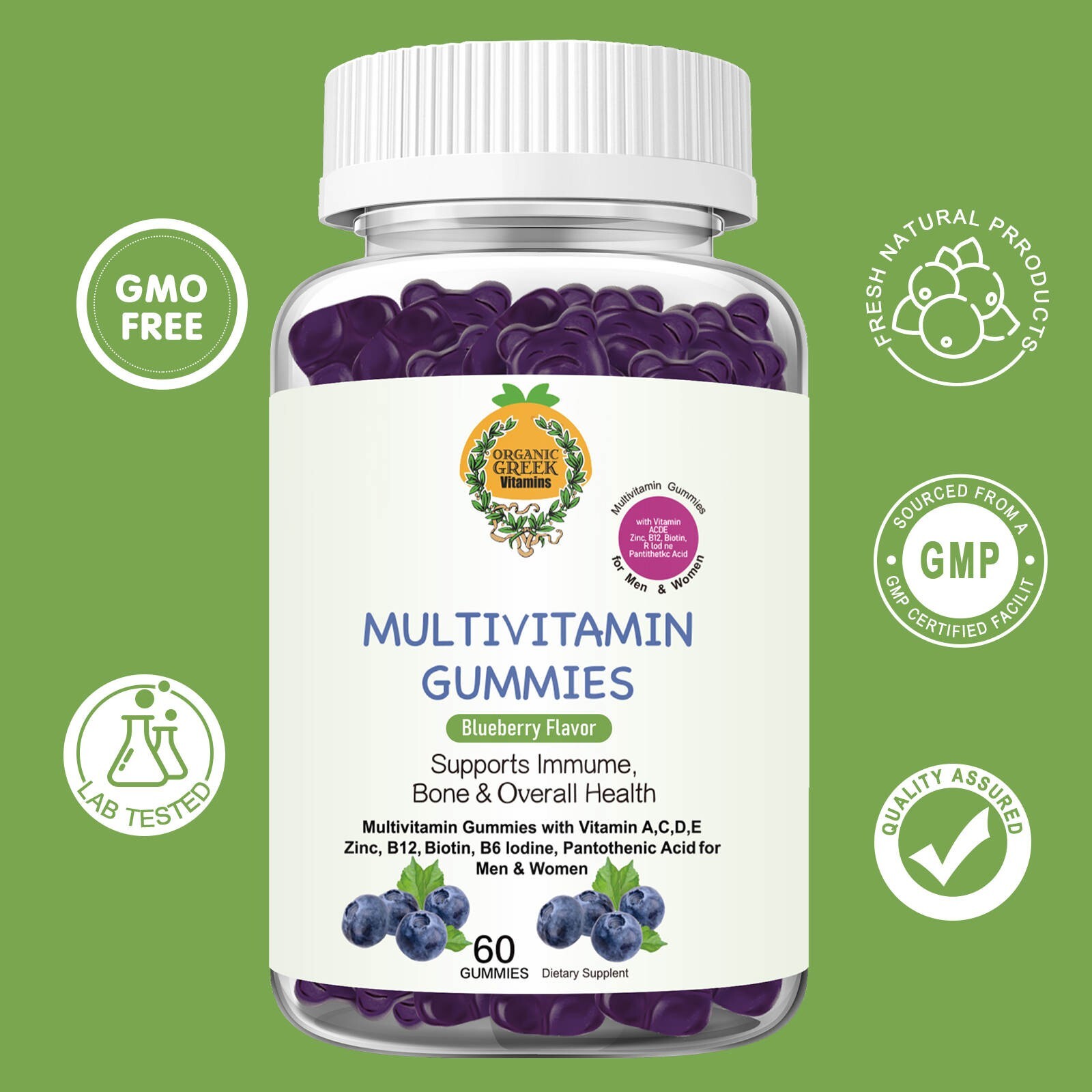 Adult Multivitamin Gummies with Zinc, Vitamin C, D3, B12, Biotin for Men & Women