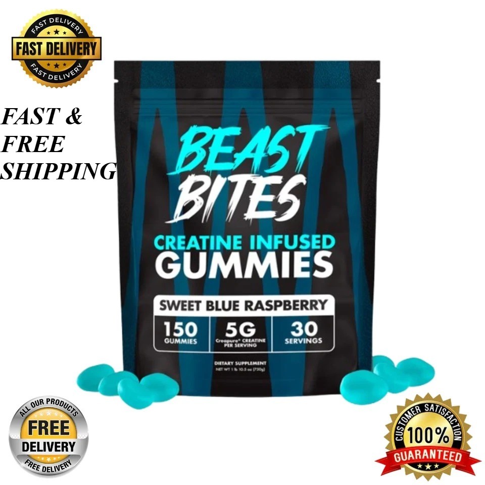 Beast Bites Creatine Infused Gummies Sweet Blue Raspberry – 30 Servings 10.5 oz