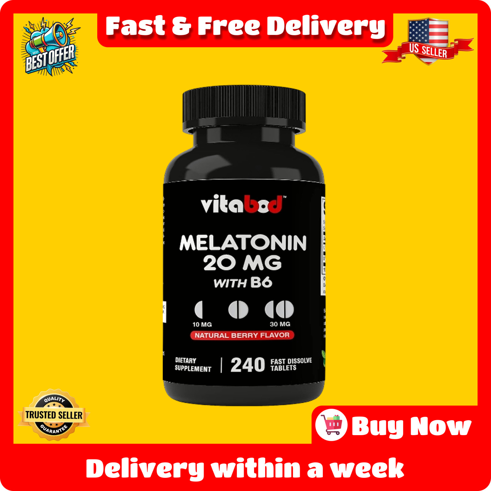 Melatonin 20mg High Potency Natural Sleep Aid Berry Flavor 240 Fast Dissolve TAB