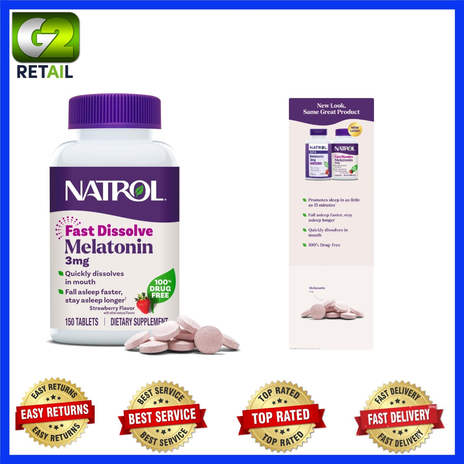 Drug-Free Melatonin 3 mg Tablets – 150 Strawberry Chewables for Sleep Ease