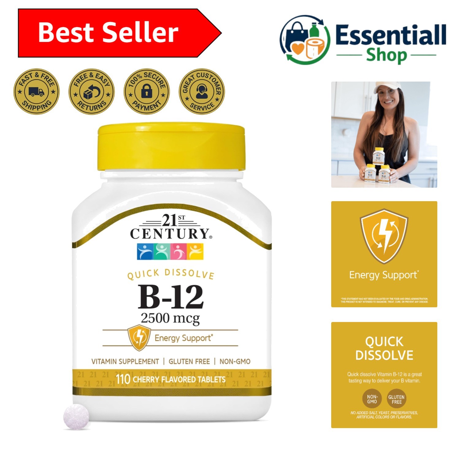 Sublingual Vitamin B12 2500 mcg Tablets – Cherry Flavor, 110 Count for Adults