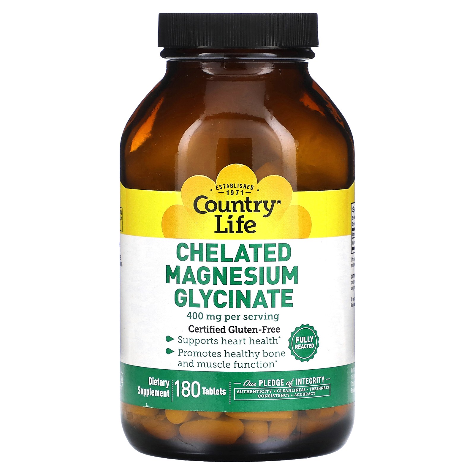 Country Life Chelated Magnesium Glycinate 180 Tablets Gluten-Free, GMP Quality