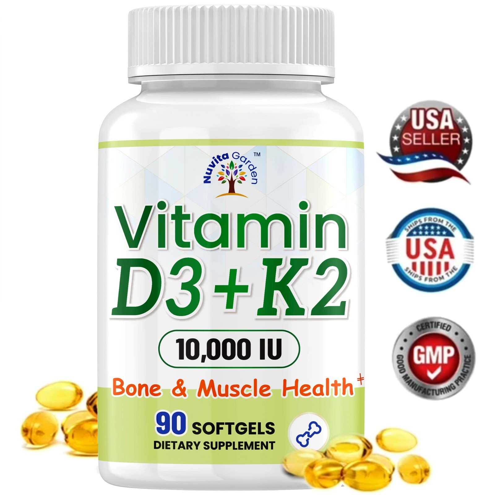 Vitamin D3 + K2 10000 IU,90 Virgin Coconut Oil Softgels Easy to Swallow