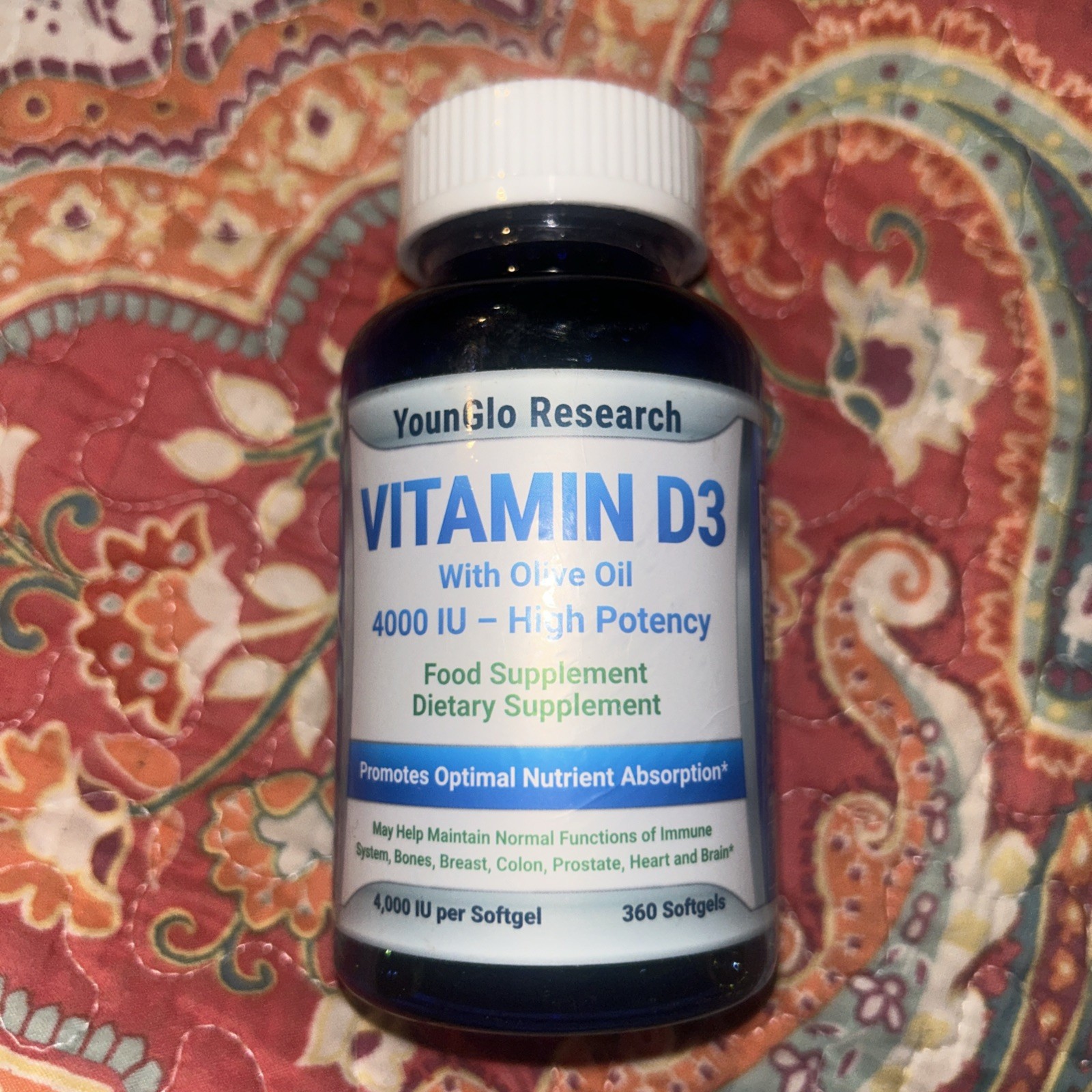 YounGlo Vitamin D3 4000 IU with Olive Oil High Potency 360 Softgels Exp 10/27
