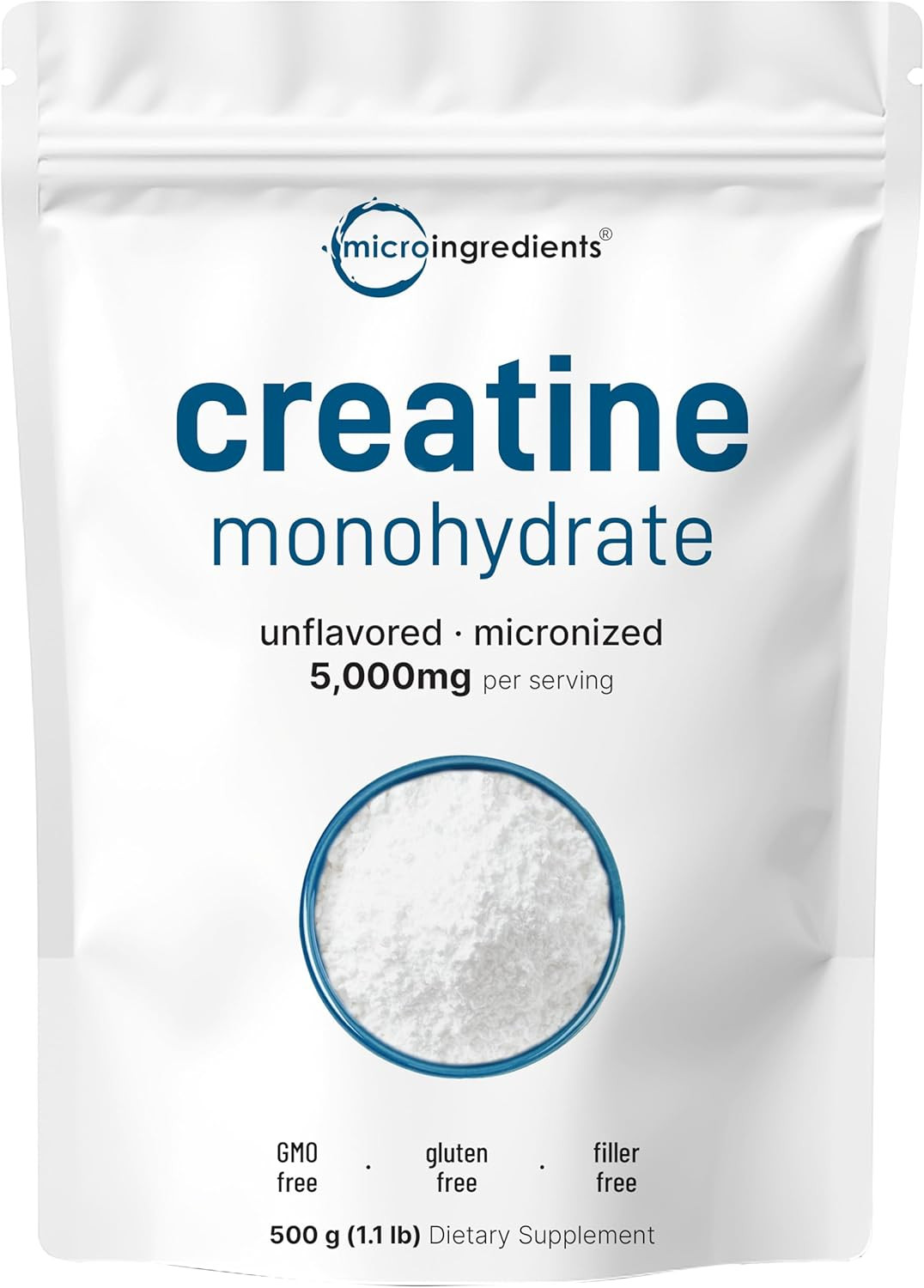 Instant Creatine Monohydrate Powder 500 Grams (1.1 Lb), 5000Mg per Serv, Microni