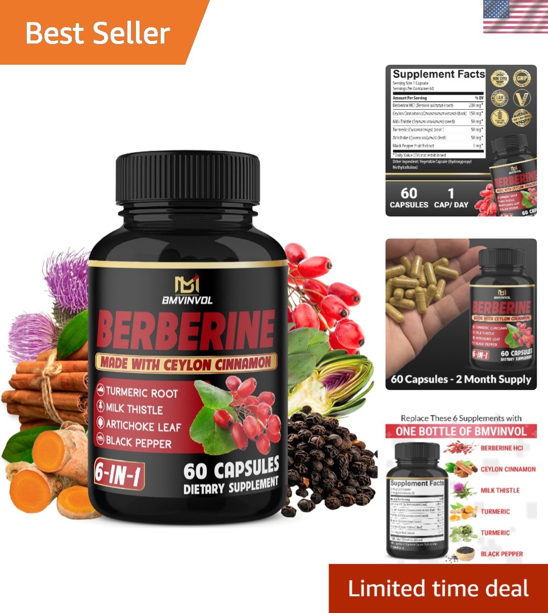 Natural 6-Ingredient Berberine Blend with Turmeric & Milk Thistle – 60 Capsules