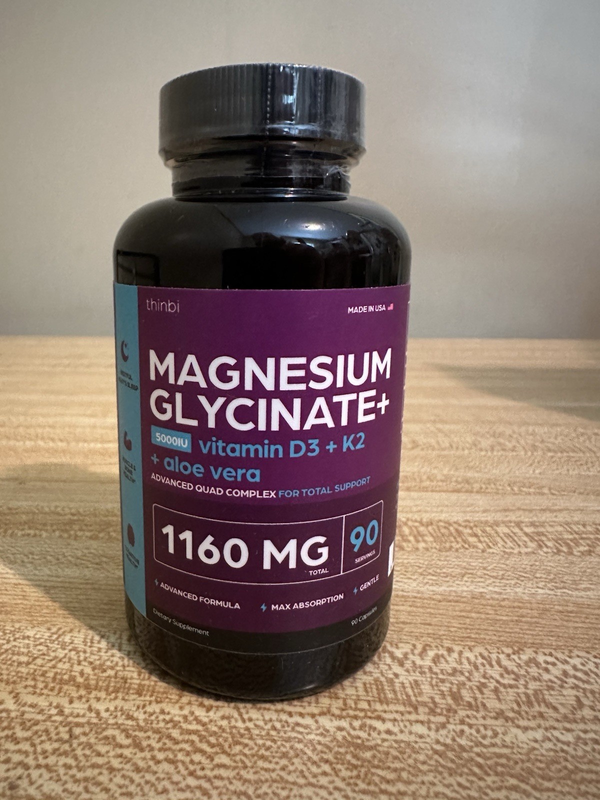 Magnesium Glycinate 1160mg + Aloe Vera, D3 & K2 Complex 90 Capsules Exp 04/28