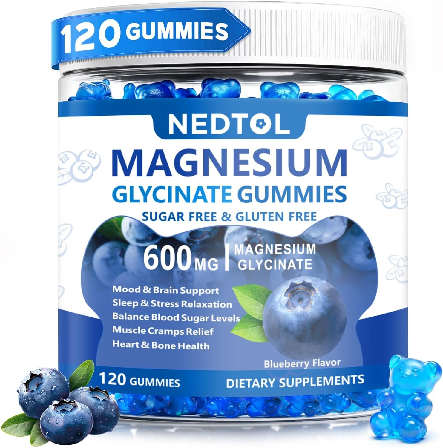 Magnesium Glycinate Gummies 600mg, Sugar Free Magnesium Potassium Supplement for
