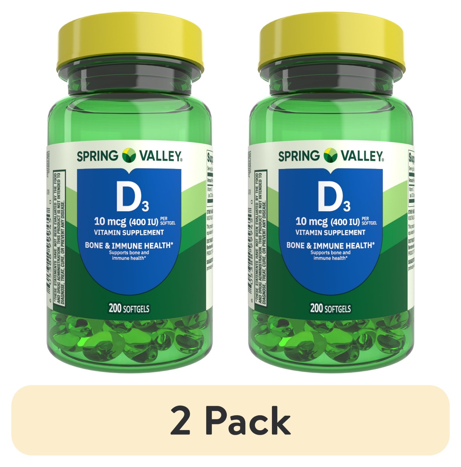 (2 pack) Spring Valley Vitamin D3 Softgels,10 mcg (400 IU), 200 Count, Supplemen