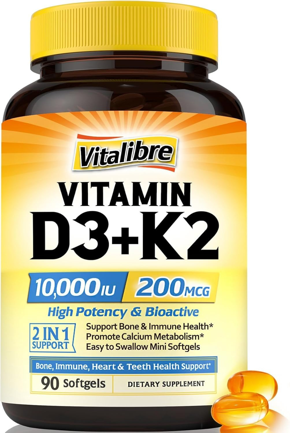 Vitamin D3 K2 Supplement, 10000 IU D3 / 200 Mcg K2 MK7, Calcium Absorption, Bone