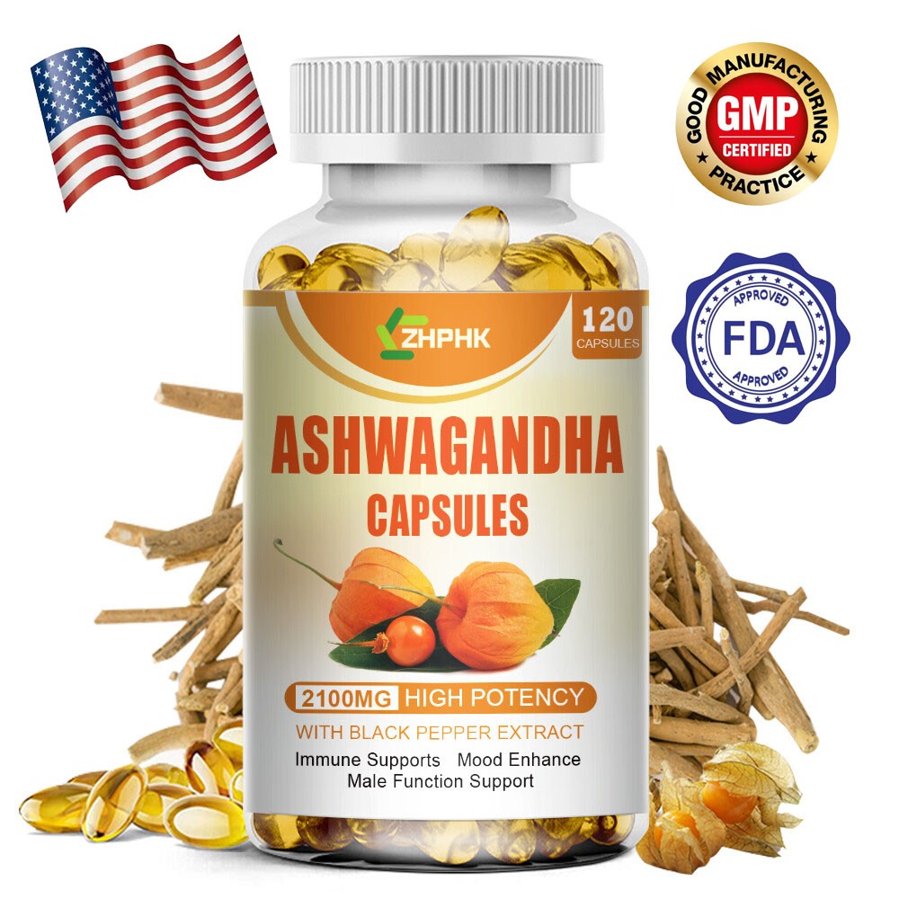 KSM-66 Ashwagandha Capsules 2100mg Supplement w/ Black Pepper Root Softgels