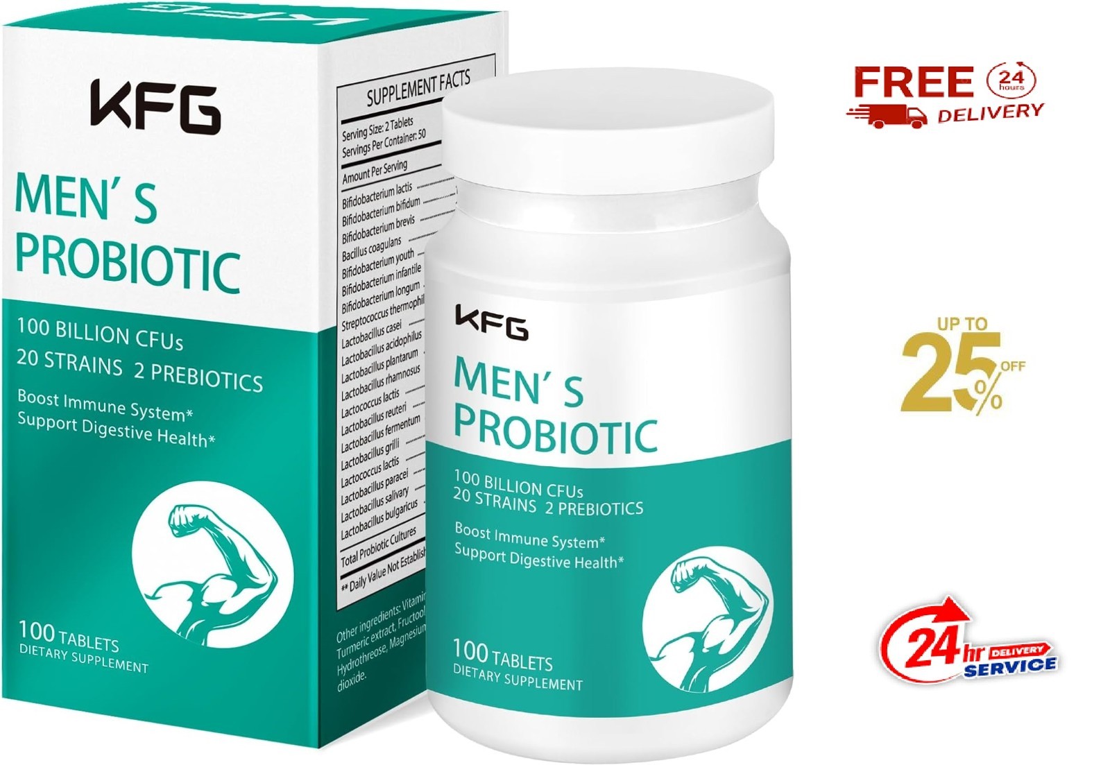 Probiotics Supplement 100 Billion CFU 20 Strains, 2 Prebiotics for Men Digestive