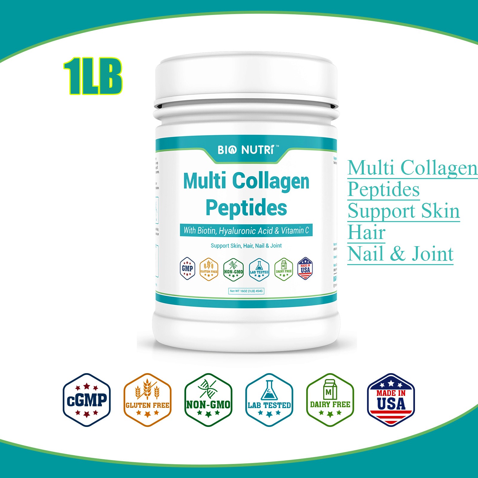 1LB Multi Collagen Peptides Powder 5 Types I,II,III,V,X Unflavored, 45 Servings