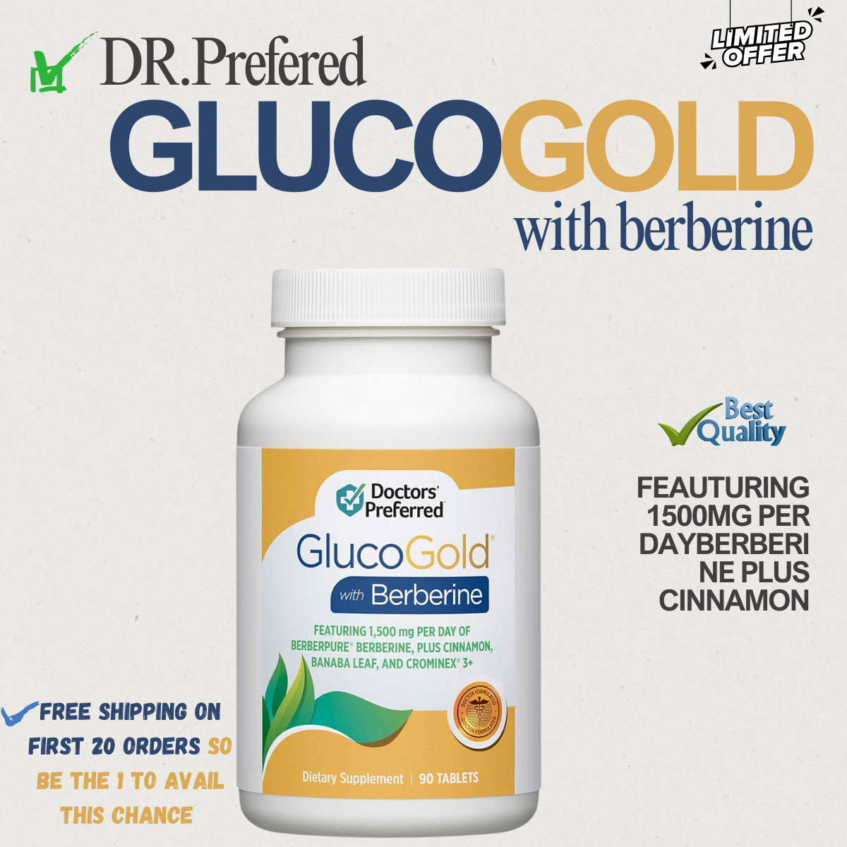 DOCTORS’ PREFERRED GlucoGold with Berberine, Concentrated Cinnamon 90 tabs