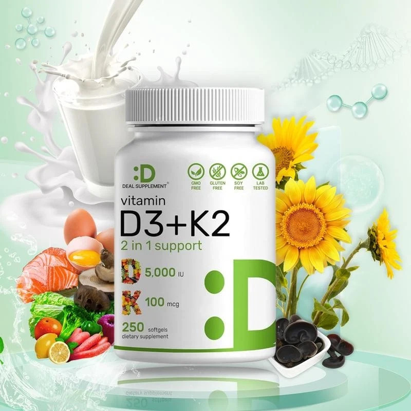 Vitamin D3 5000 IU with K2 MK7 250 Veggie Softgels Bone Immune Support