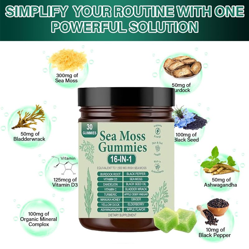 16 in 1 Organic Sea Moss Gummy | Irishmoss Extract 6000Mg | Green Apple Flavor