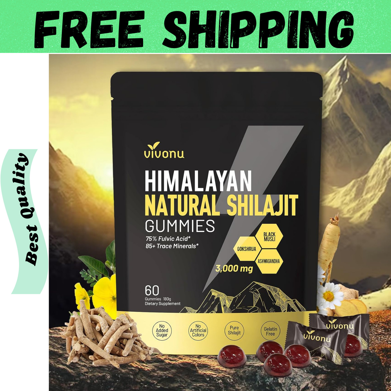 VivoNu Himalayan Shilajit Gummies 3000mg, Ashwagandha, Fulvic Acid, 60 Count