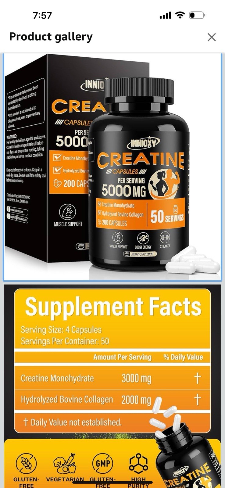 Creatine Monohydrate, 5000mg Per Serving Creatine Capsules (50 Servings