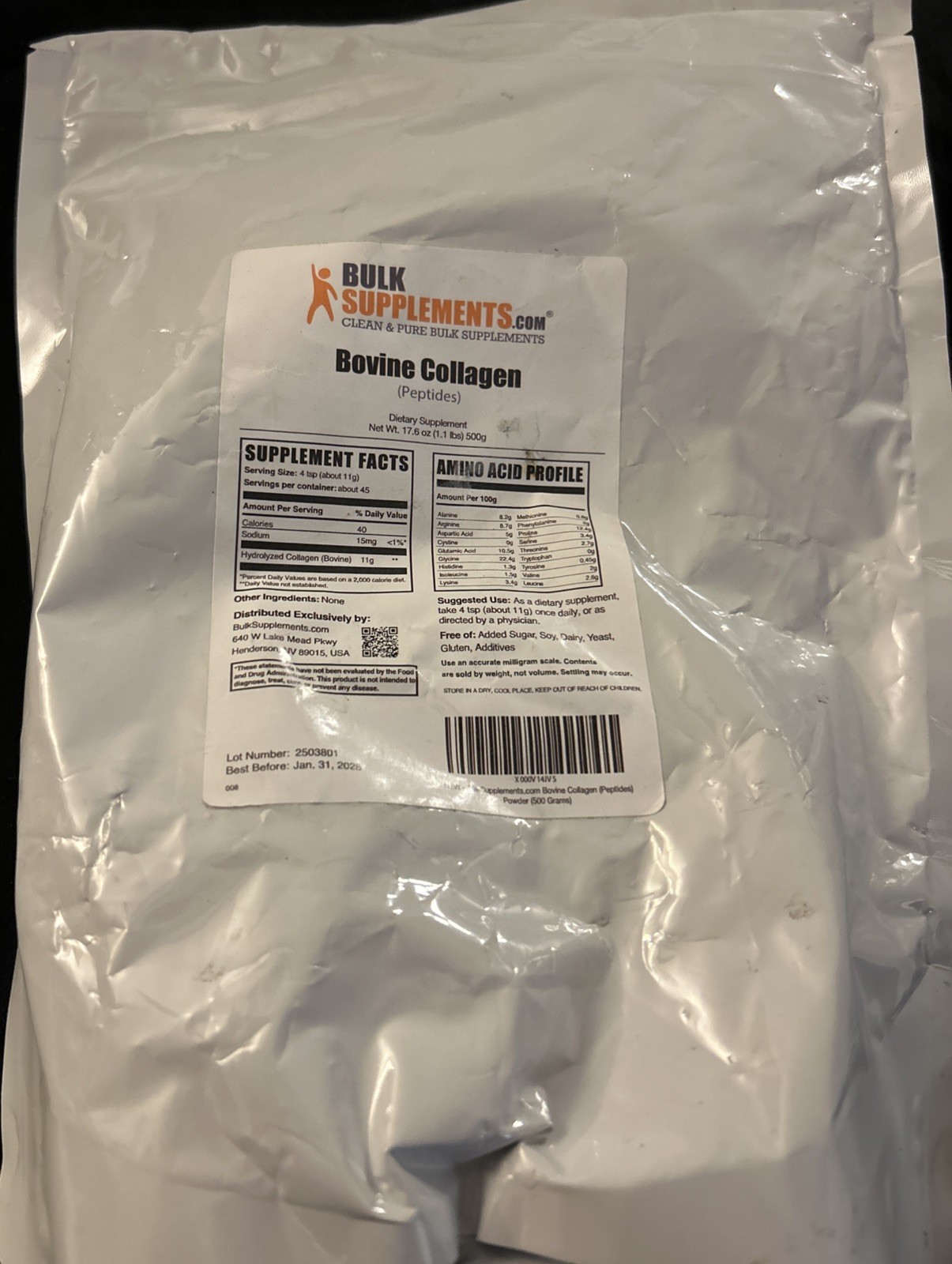 BulkSupplements Bovine Collagen Peptides Powder (1.1 Lbs) 17.6 Oz  01/28 11g Per