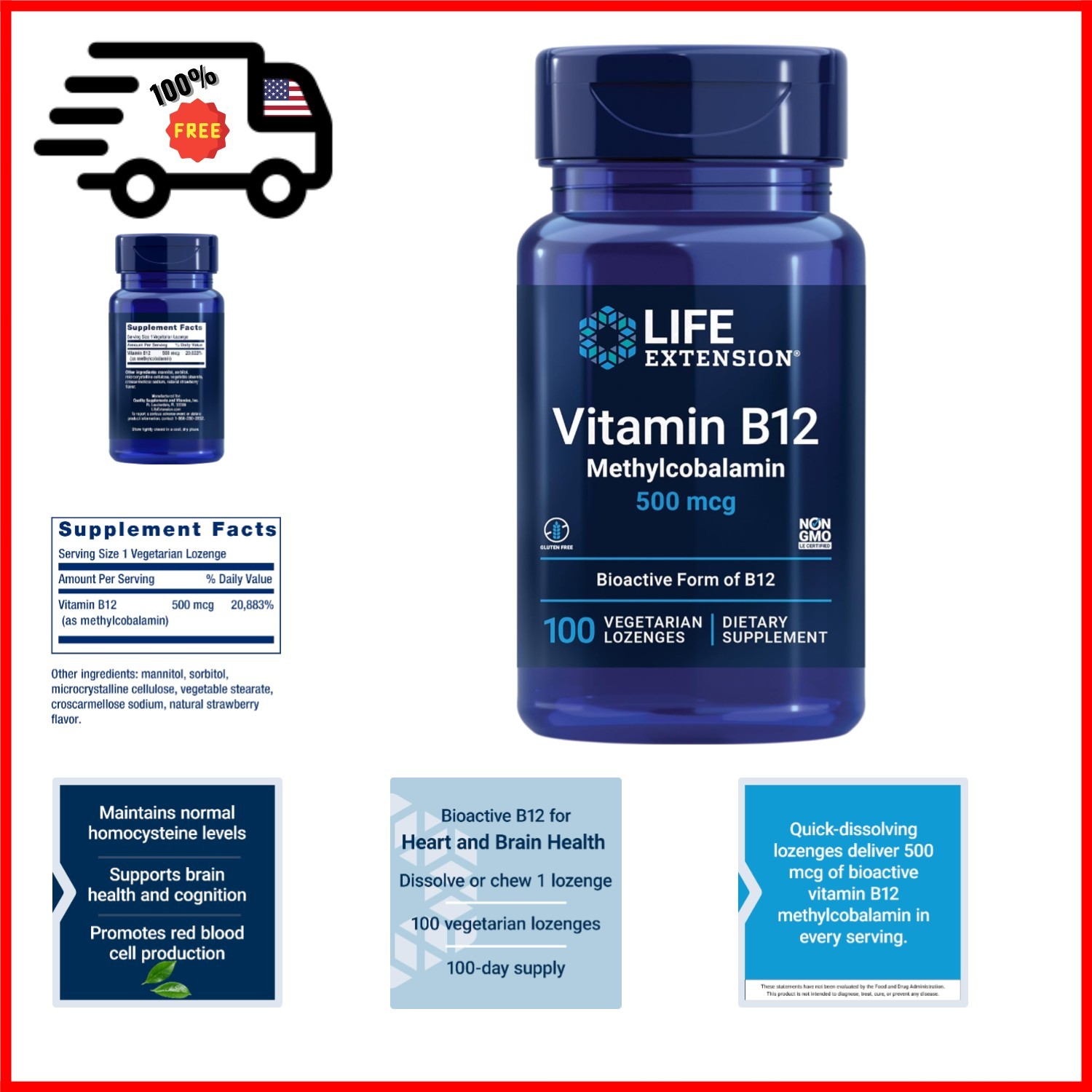 Vitamin B12 Methylcobalamin 500mcg Vitamin B12Supplement for Energy&Brain Health