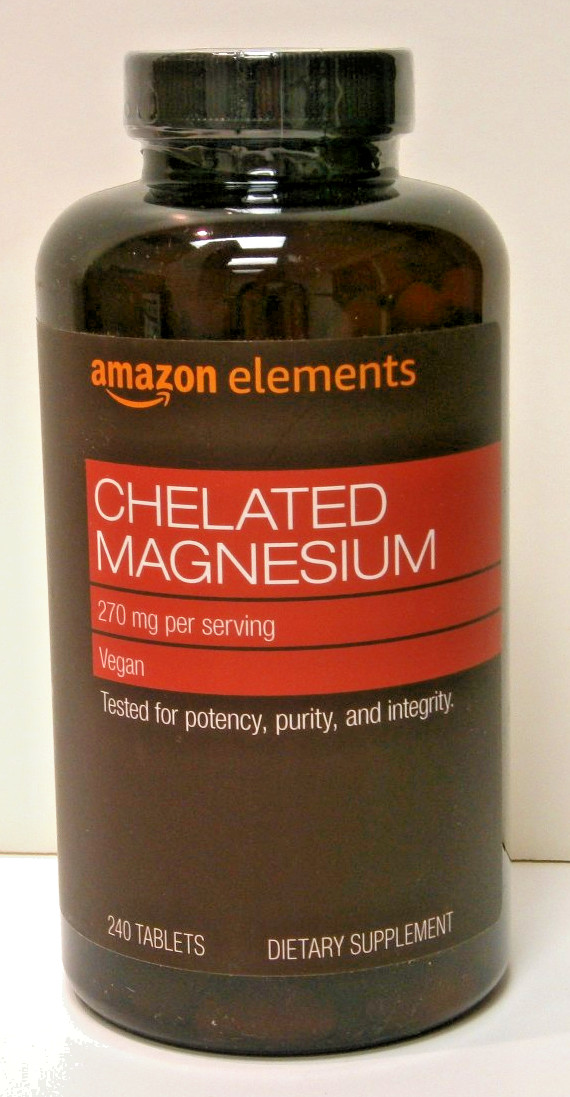 Chelated Magnesium, 270mg, 240tabs, Amazon Elements (Best by 12/26). It’s Vegan!