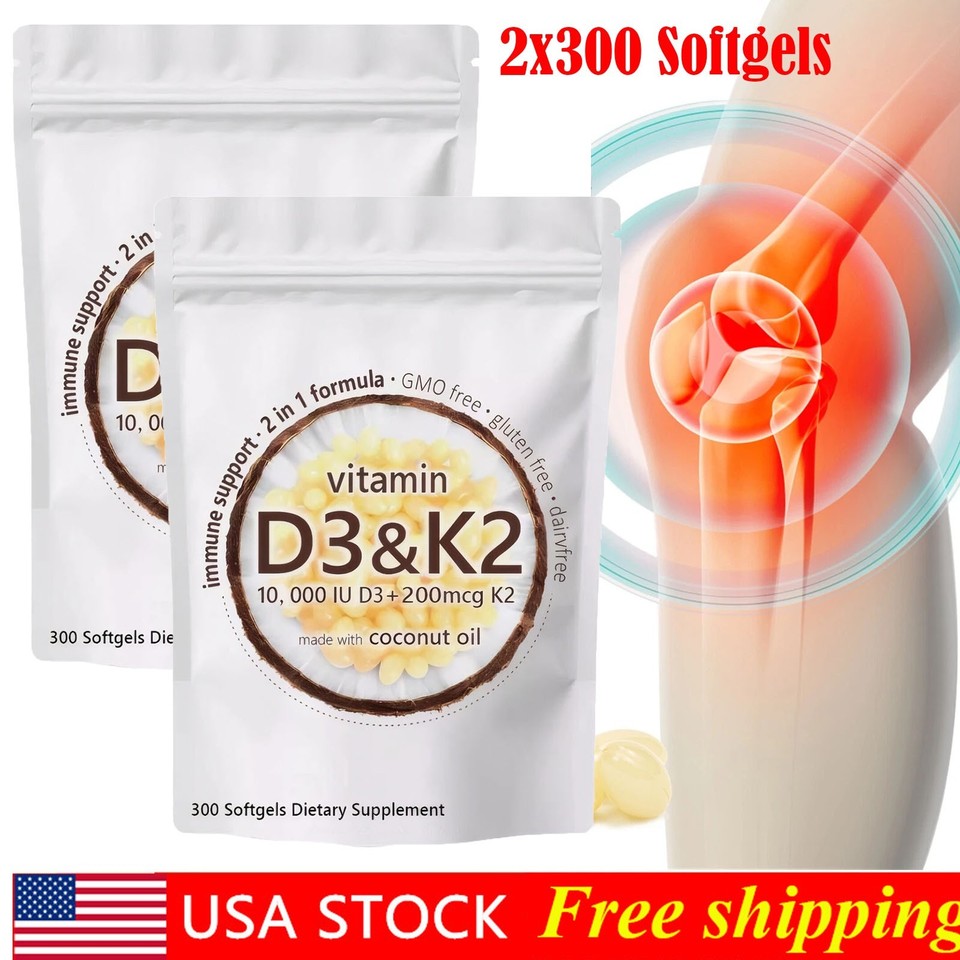2 Pack Vitamin D3 10000 iu Plus K2 200 mcg, 300 Virgin Coconut Oil Softgels