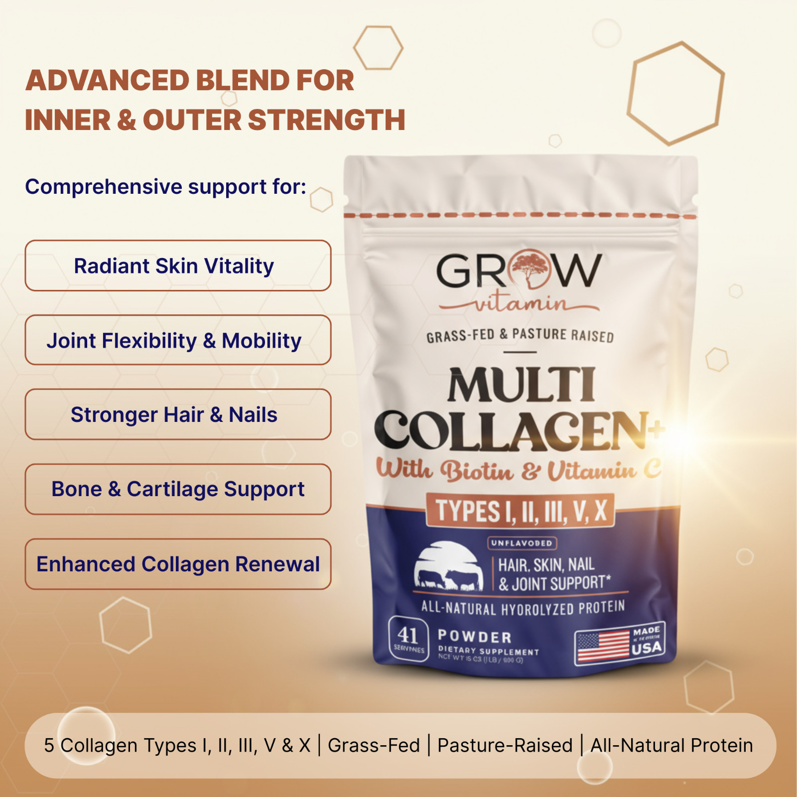 Collagen Peptides Powder for Women Hydrolyzed Collagen Protein 5 TYPES + BIOTIN