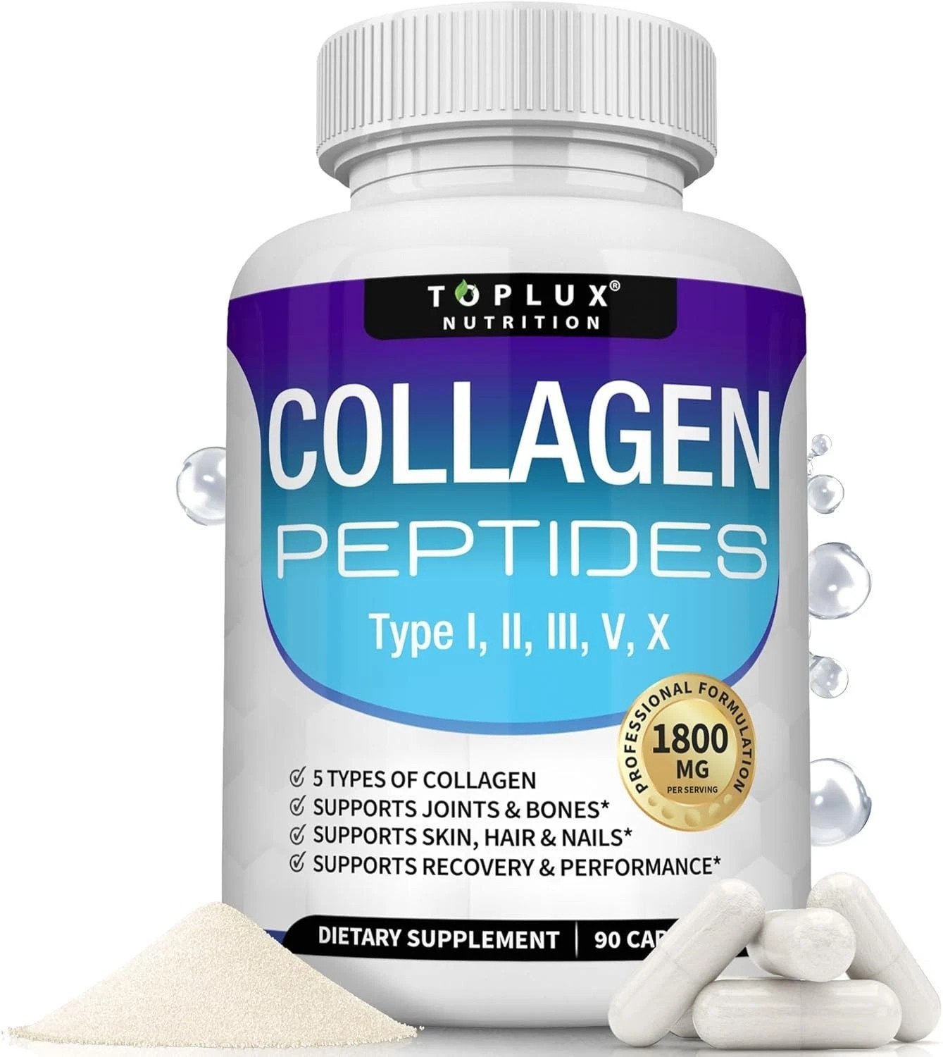 Toplux Multi Collagen Peptides Pills 1800 Mg Complex – Type I, II, III, V, X*