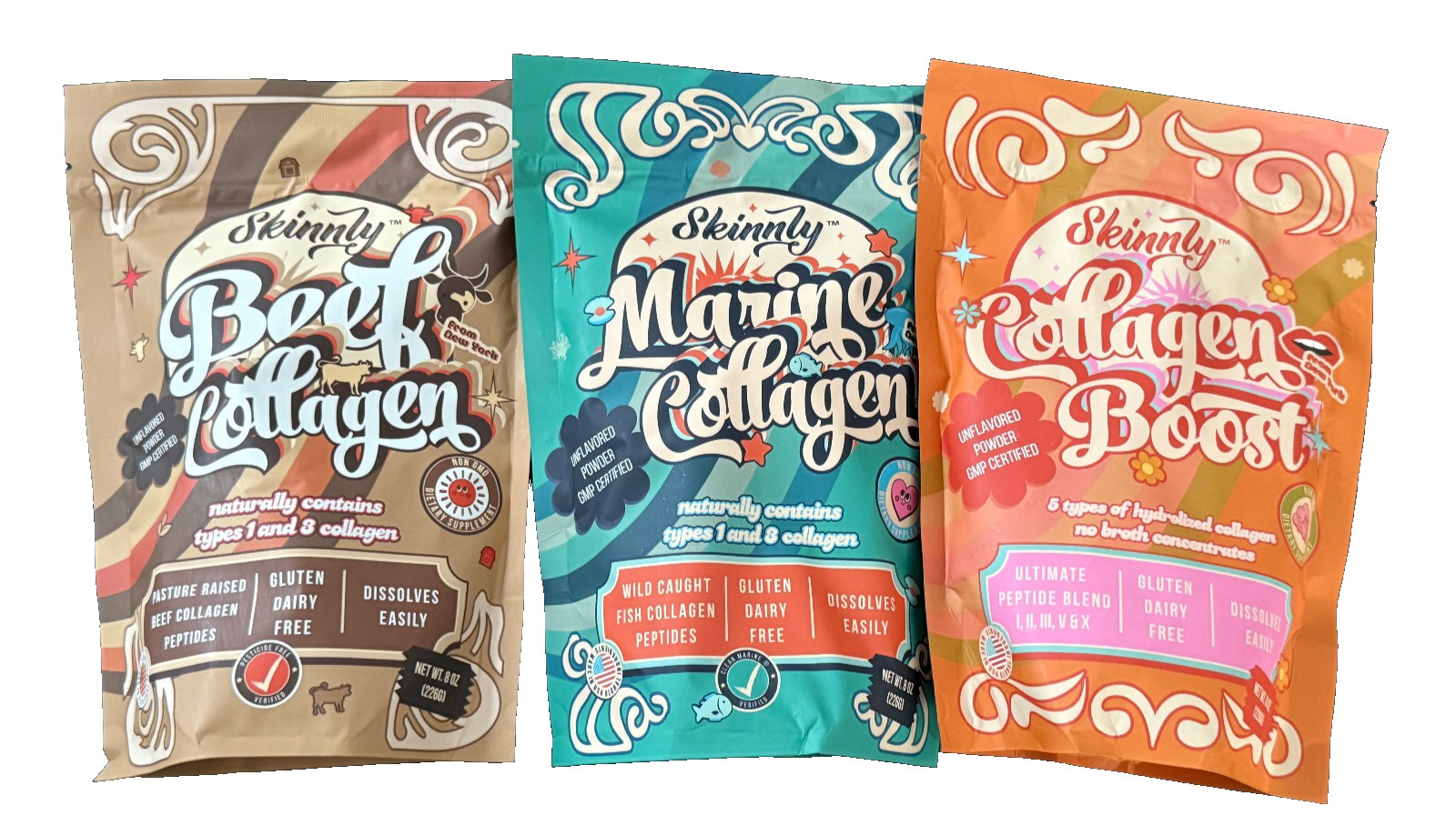 Collagen Peptides Powder Bovine & Marine Multi Blend 8oz Bags 3 Pack