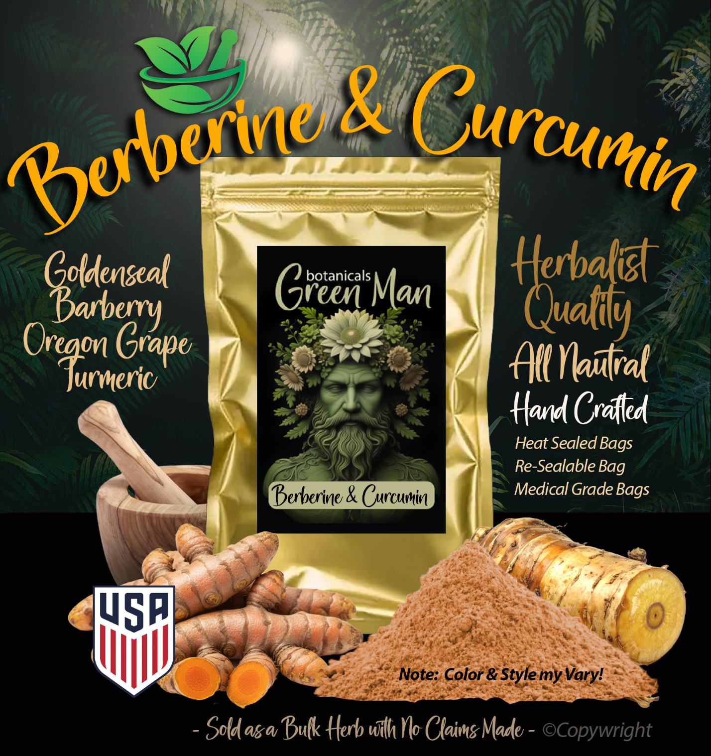 Berberine & Curcumin Herbal Blend – Turmeric & Goldenseal Root -Golden Mix- USA