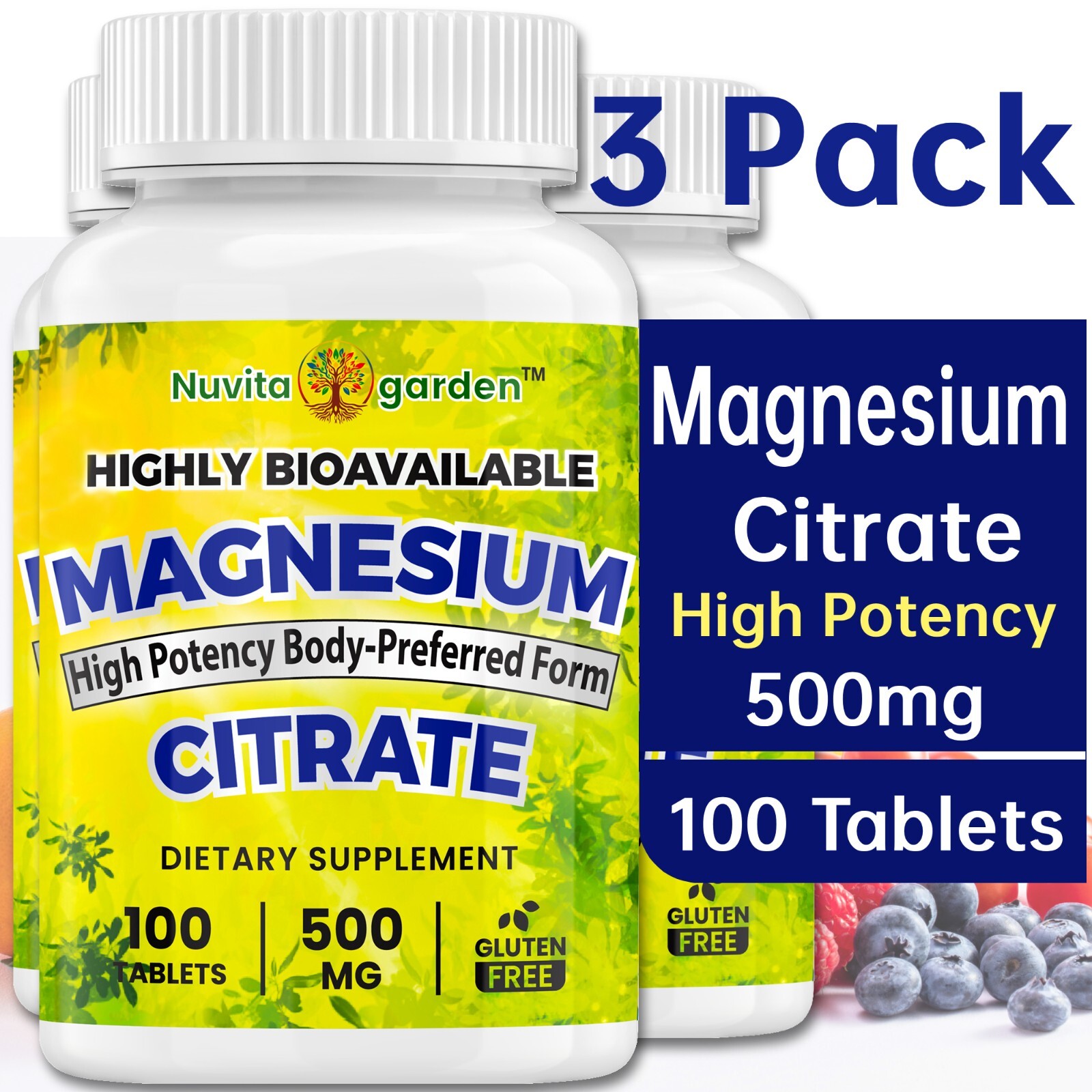3 Pack Magnesium Citrate 500mg, 100 Tablets, Supports Muscle, Heart & Sleep