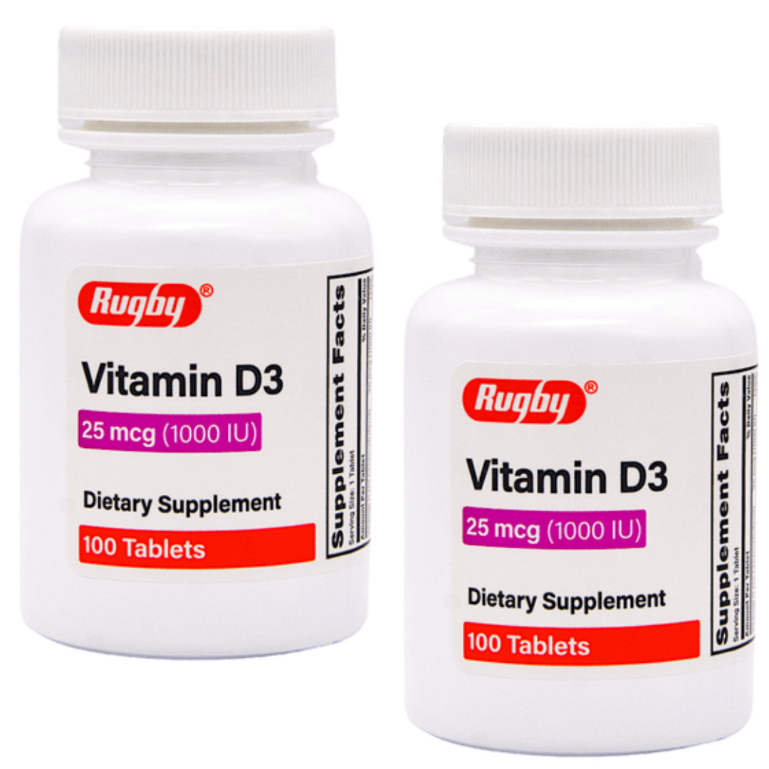 Rugby Vitamin D3 25 mcg (1000 IU) – 100 Tablets | Gluten Free (7-2027) – 2 Pack