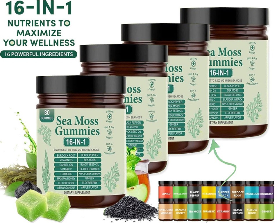 16 in 1 Organic Sea Moss Gummy | Irishmoss Extract 6000Mg | Green Apple Flavor