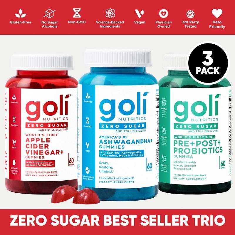 3 BottlesGoli Zero Sugar Trio -ACV Ashwagandha & Probiotic Gummies60 Caps/Bottle